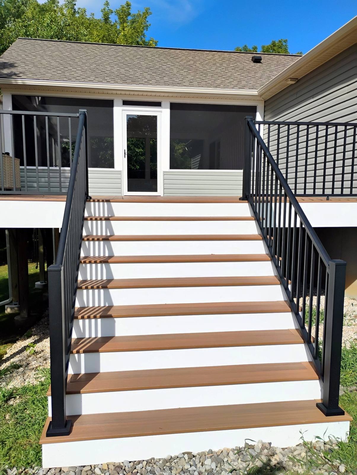 Finished raised deck with exterior stairs